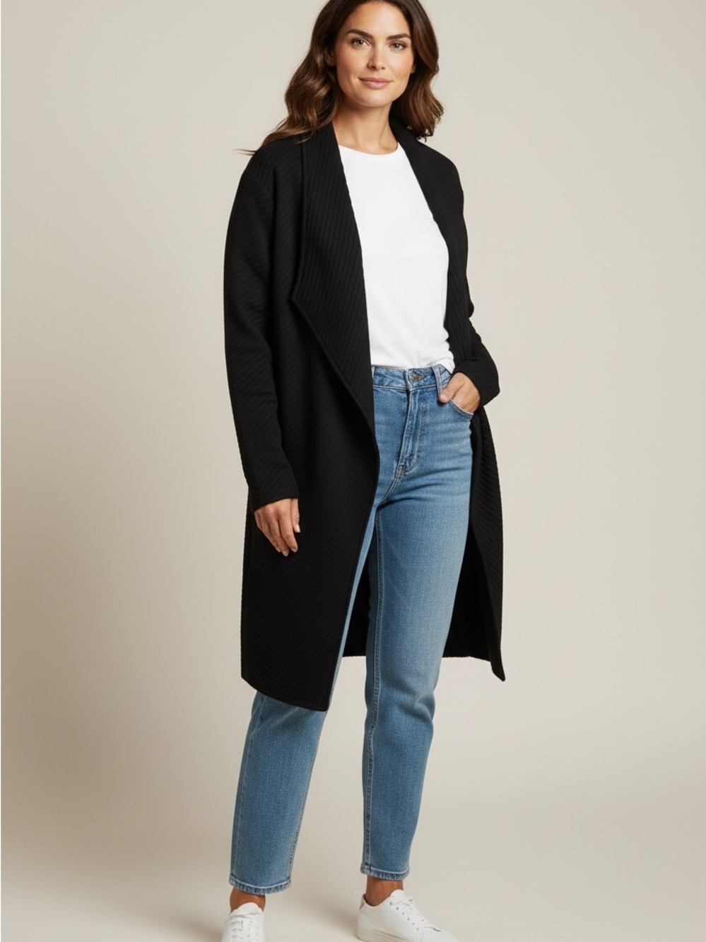 62 Tahari Black Longline Open Drape Cardigan